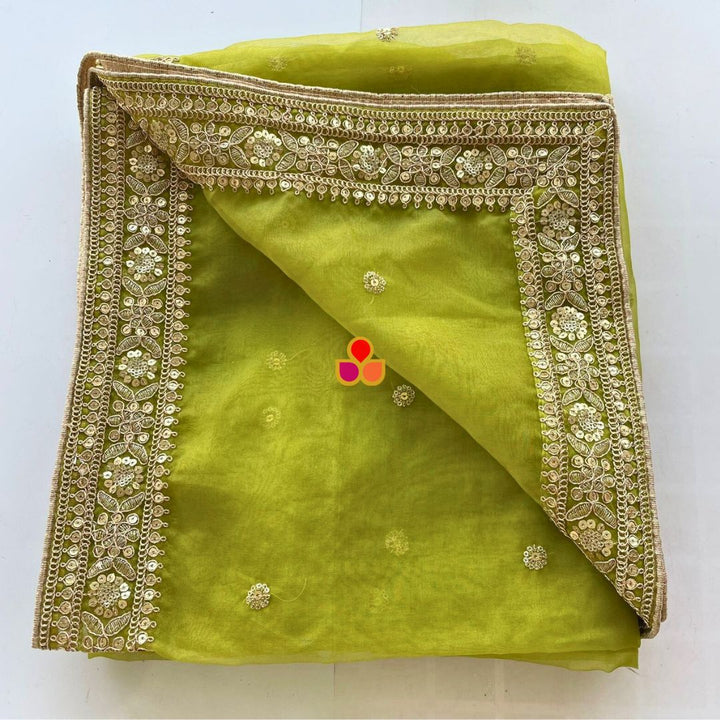 anokherang Dupattas Shama Green Embroidered Organza Dupatta