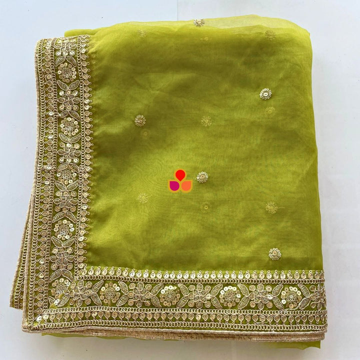 anokherang Dupattas Shama Green Embroidered Organza Dupatta