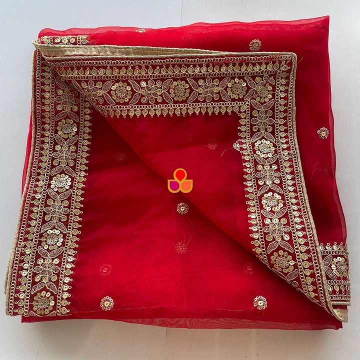 anokherang Dupattas Shama Red Embroidered Organza Dupatta