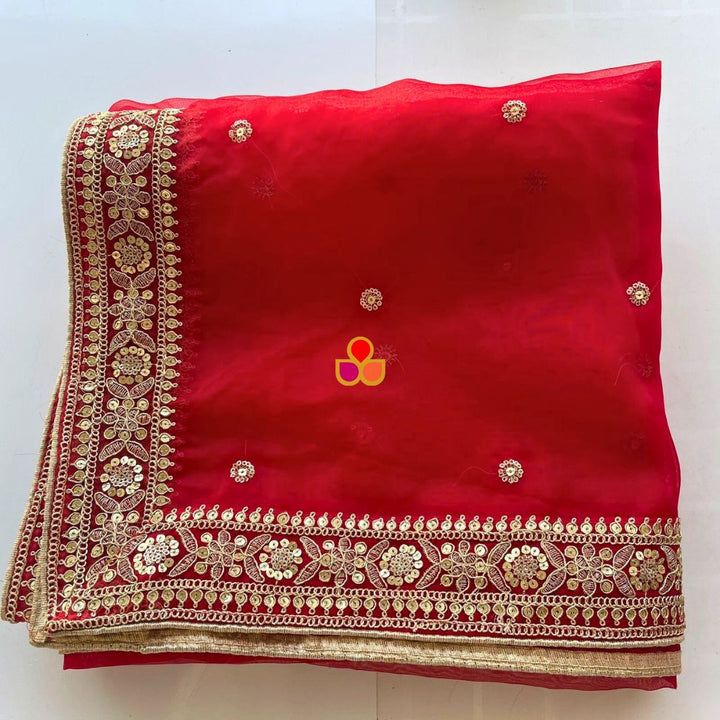 anokherang Dupattas Shama Red Embroidered Organza Dupatta