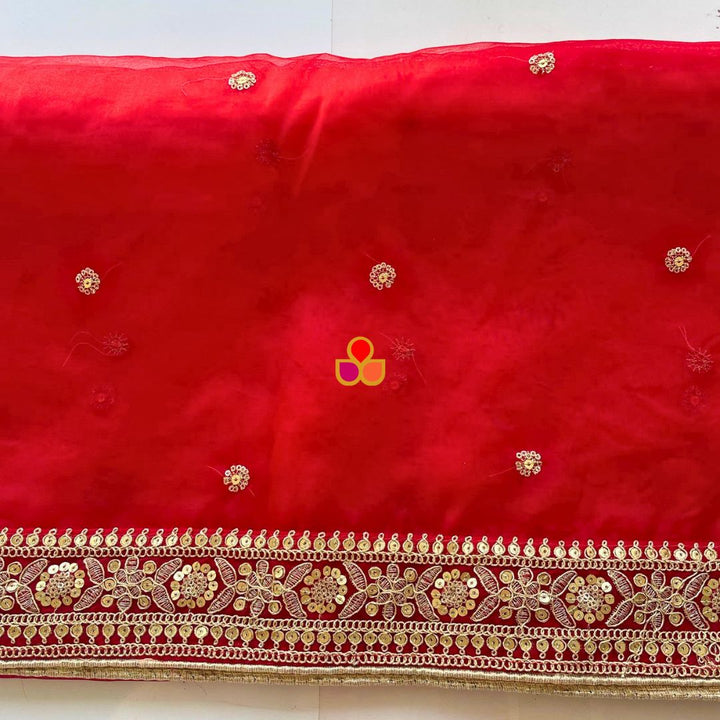 anokherang Dupattas Shama Red Embroidered Organza Dupatta