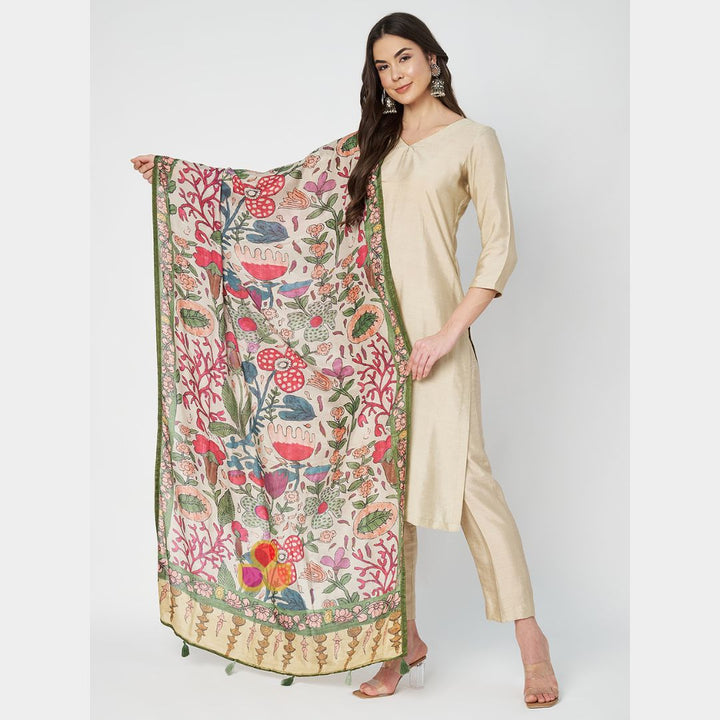 anokherang Dupattas Soft Ivory Floral Printed Modal Silk Dupatta