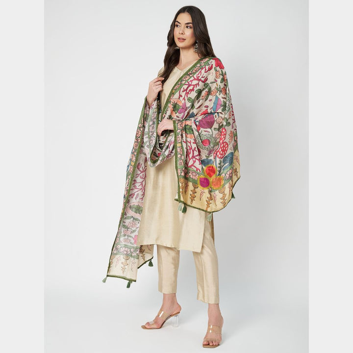 anokherang Dupattas Soft Ivory Floral Printed Modal Silk Dupatta