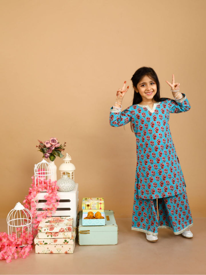 anokherang Kids Suits Firozi Printed Kurta with Palazzo for Girls