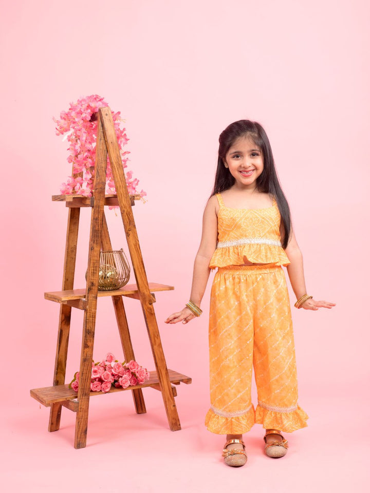 anokherang Kids Suits Yellow Bandhani Top with Frilled Palazzo for Girls