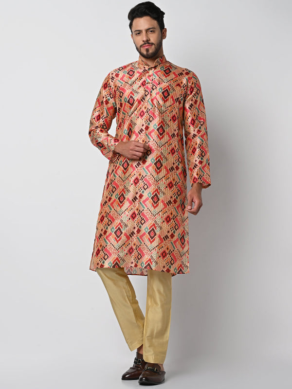 anokherang LKurtas Beige Coral Printed Mens Kurta Pajama