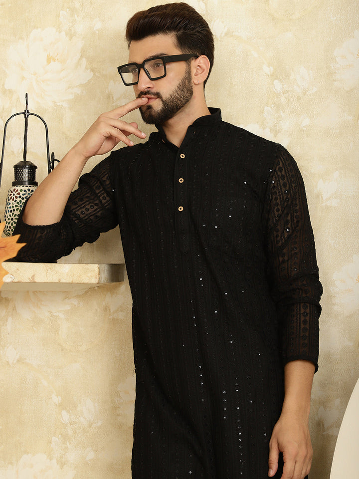 anokherang LKurtas Black Sequin Mens Kurta with Pajama