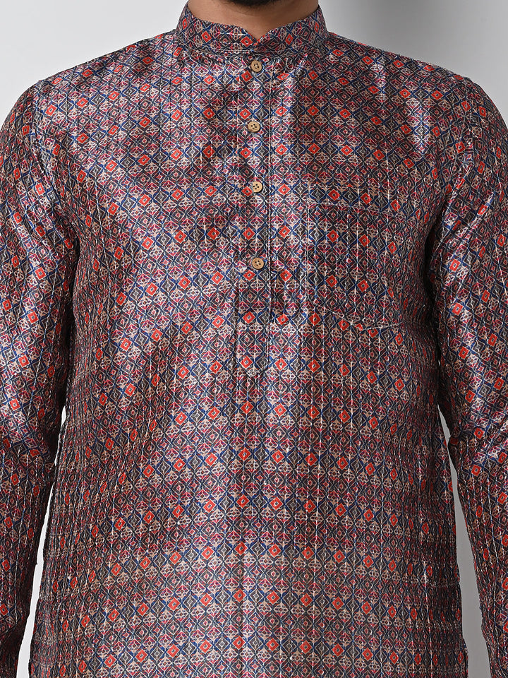 anokherang LKurtas Blue Red Ethnic Printed Mens Kurta Pajama