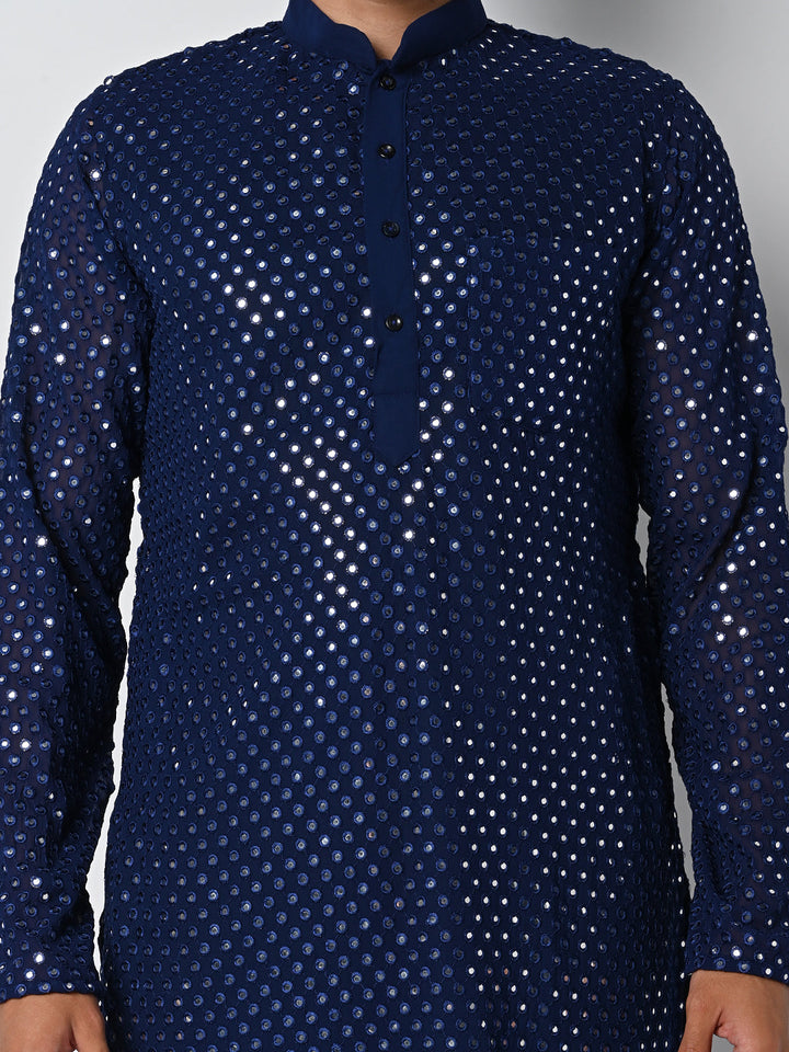 anokherang LKurtas Dazzling Blue Mirror Work Mens Kurta Pajama