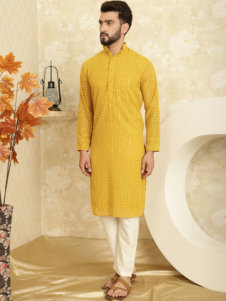 anokherang LKurtas Mustard Sequin Mens Kurta with Pajama