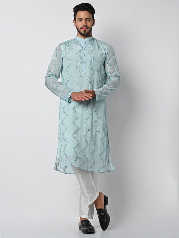 anokherang LKurtas Serene Blue Mirror Work Mens Kurta Pajama