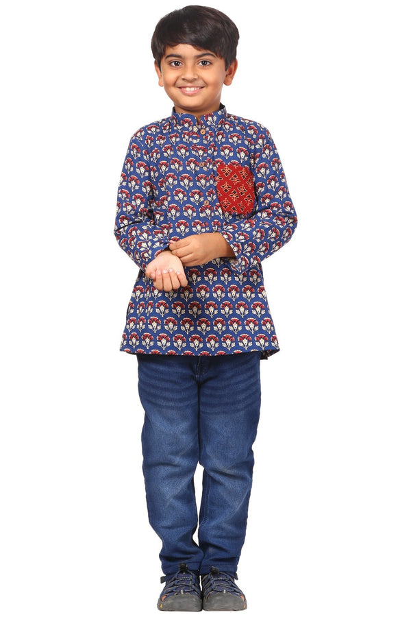 anokherang Boys Kurta Blue Floral Red Pocket Short Kurta