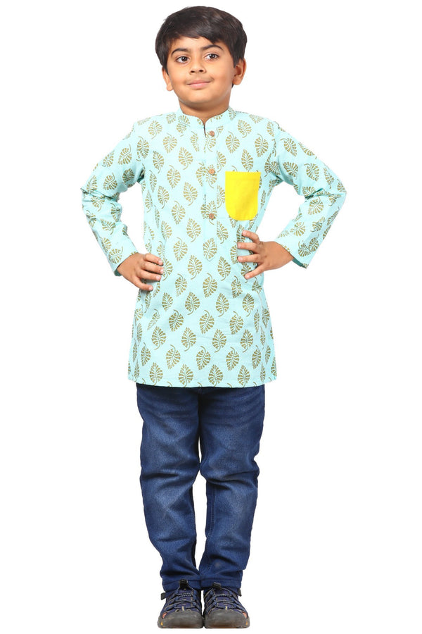 anokherang Boys Kurta Lime Blue Pocket Short Kurta