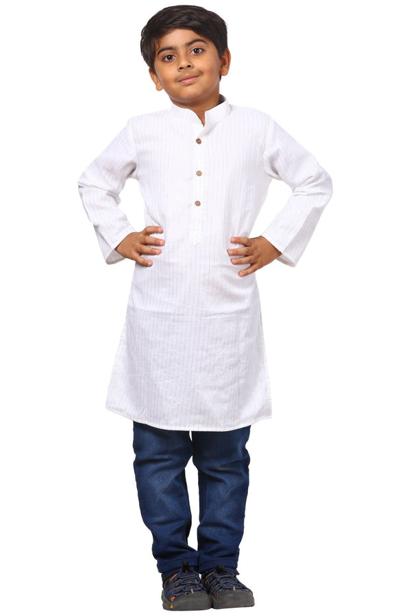 anokherang Boys Kurta White Silver Lines Long Kurta