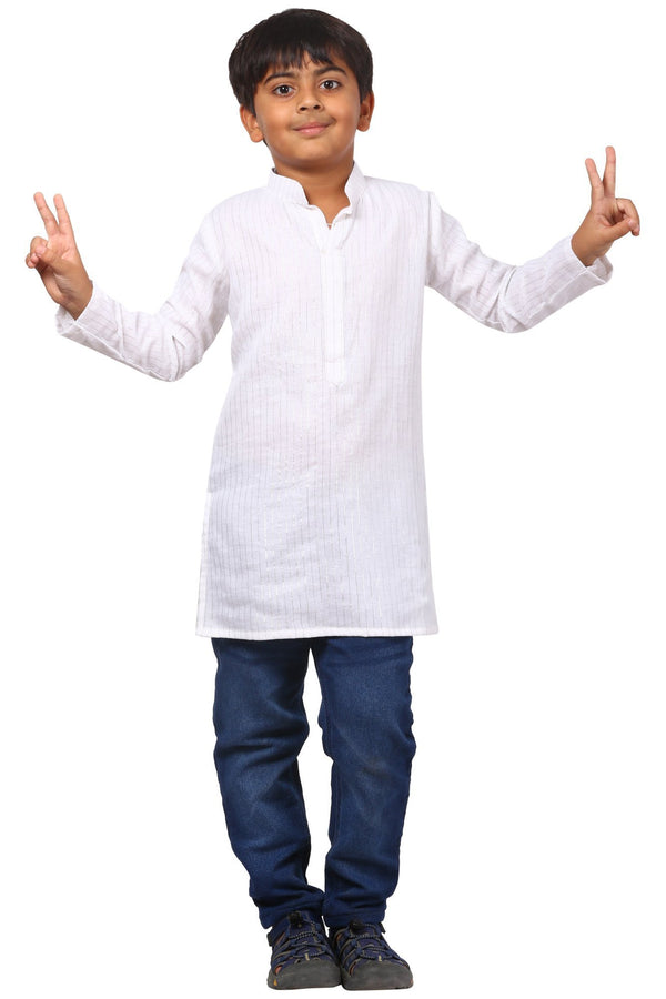 anokherang Boys Kurta White Silver Lines Short Kurta