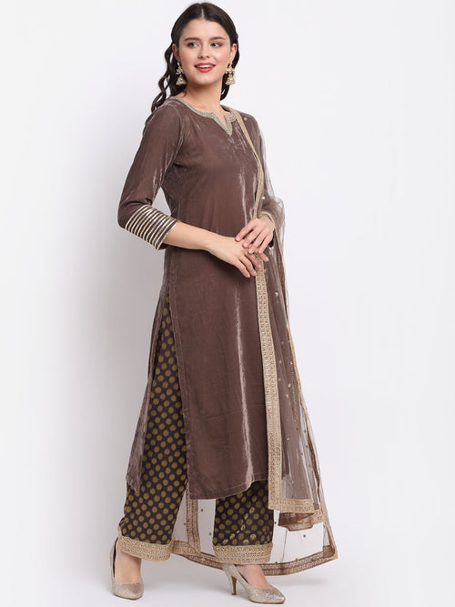 Rich Maroon Velvet Kurti With Brocade Salwar And Organza Dupatta