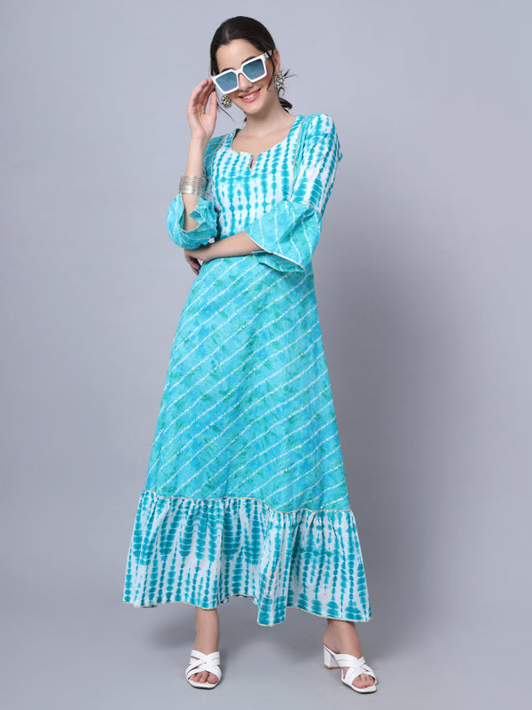 anokherang Combos Beautiful Blue Bandhani Frilled Floorlength Kurti