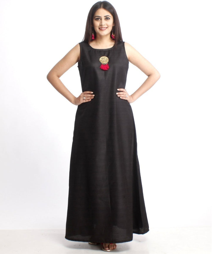 anokherang Combos Black Floor Length Silk Kurti with Orange Bhandhej Dupatta