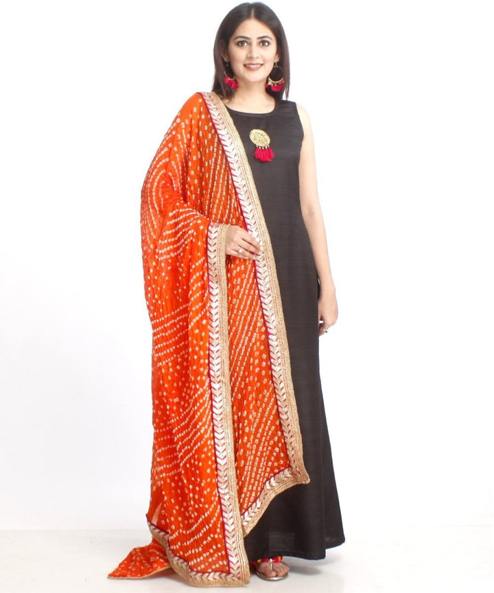 anokherang Combos Black Floor Length Silk Kurti with Orange Bhandhej Dupatta