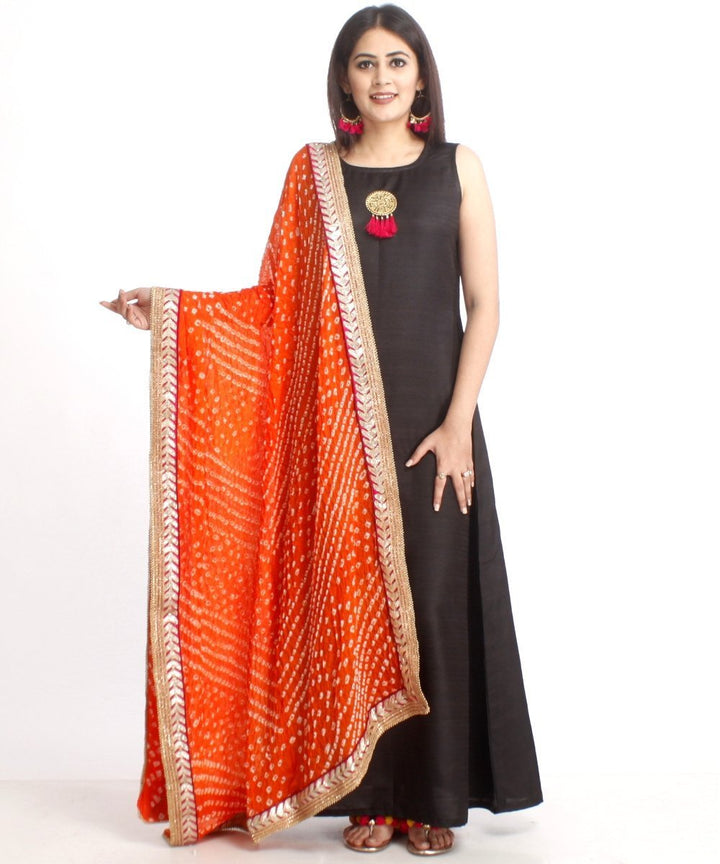 anokherang Combos Black Floor Length Silk Kurti with Orange Bhandhej Dupatta