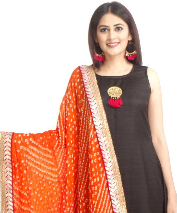 anokherang Combos Black Floor Length Silk Kurti with Orange Bhandhej Dupatta