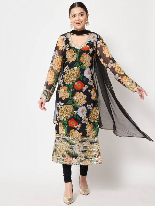 anokherang Combos Black Floral Printed Embroidered Kurti with Churidaar and Dupatta