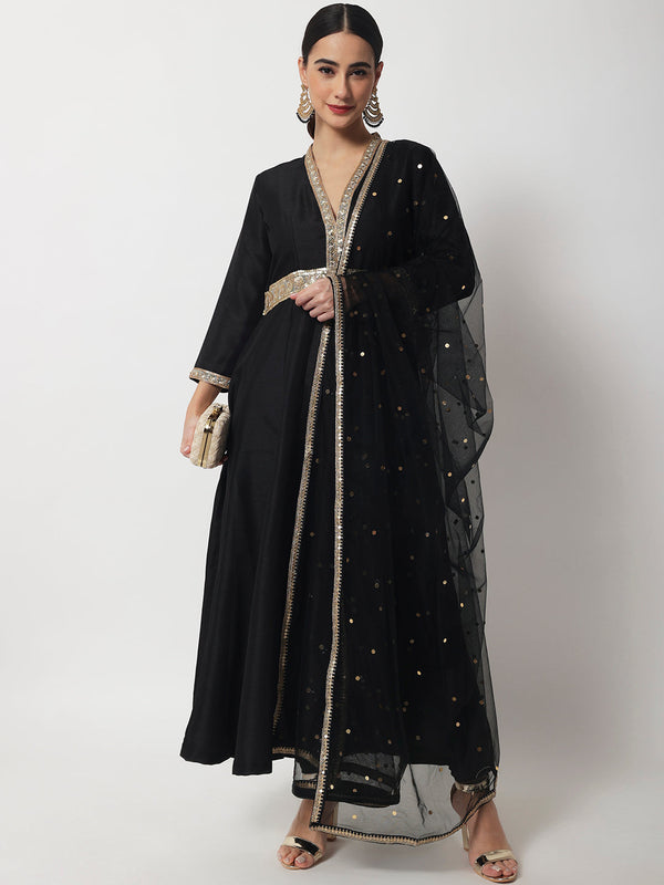 anokherang Combos Black Onyx Anarkali with Churidaar and Net Dupatta