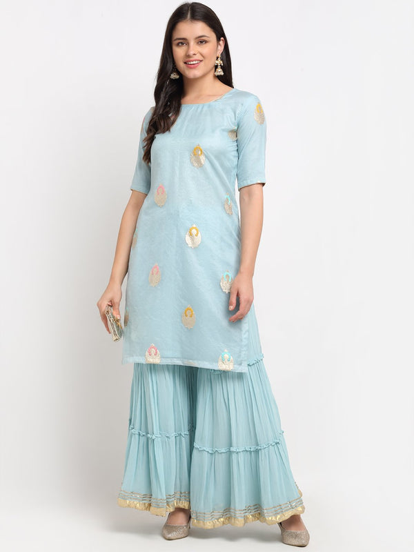 anokherang Combos Bliss Blue Banarasi Organza Short Kurti with Sharara