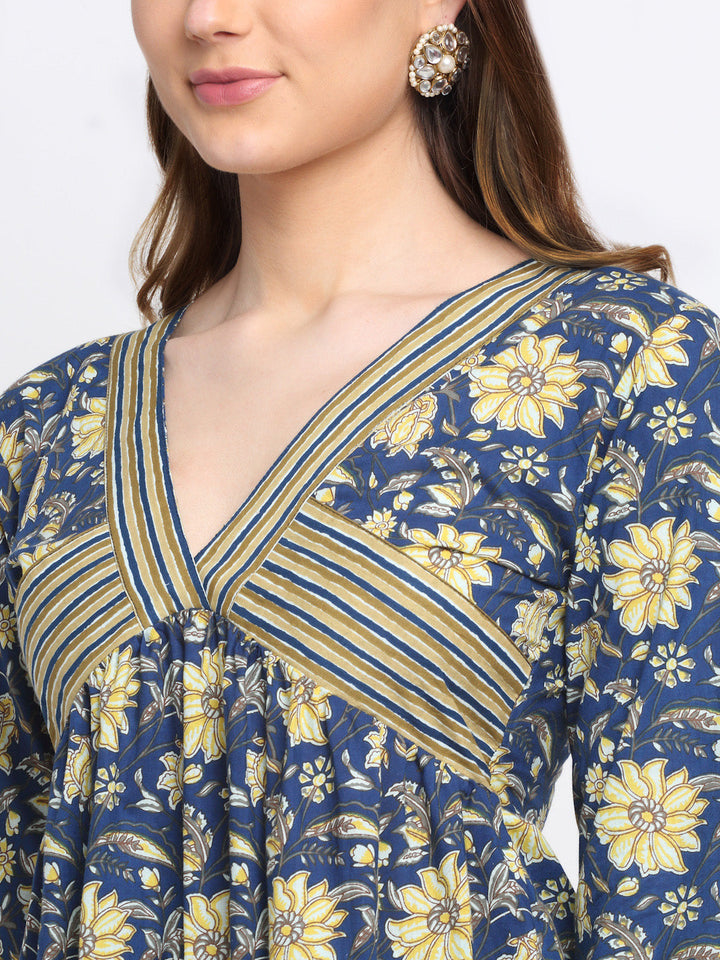 anokherang Combos Blue Gathered Floral Kurti with Floral Palazzo