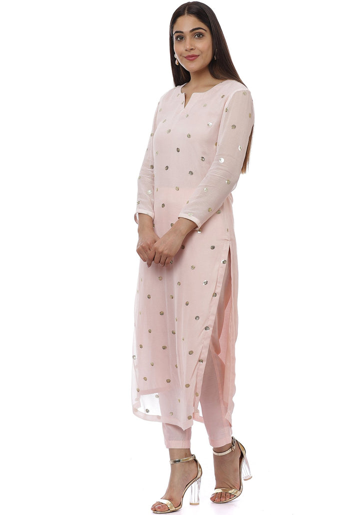 anokherang Combos Blush Pink Sequined Georgette Kurti with Straight Pants