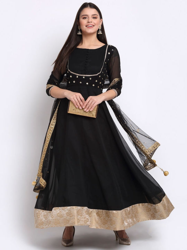 anokherang Combos Bold Black Georgette Anarkali with Mirror Stone Dupatta