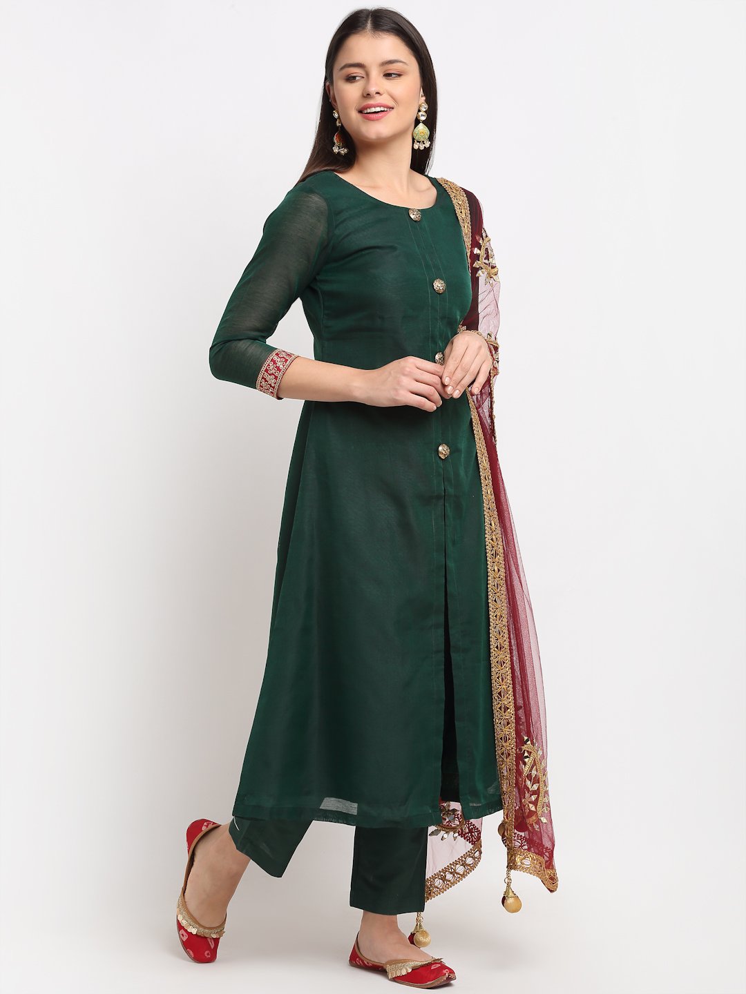 Bottle Green Kundan Button Down Kurti with Straight Pants and Maroon P ...