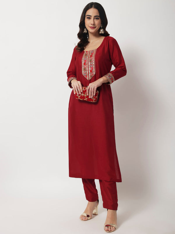 anokherang Combos Copy of Bridal Queen Maroon Silk Kurti with Straight Pants