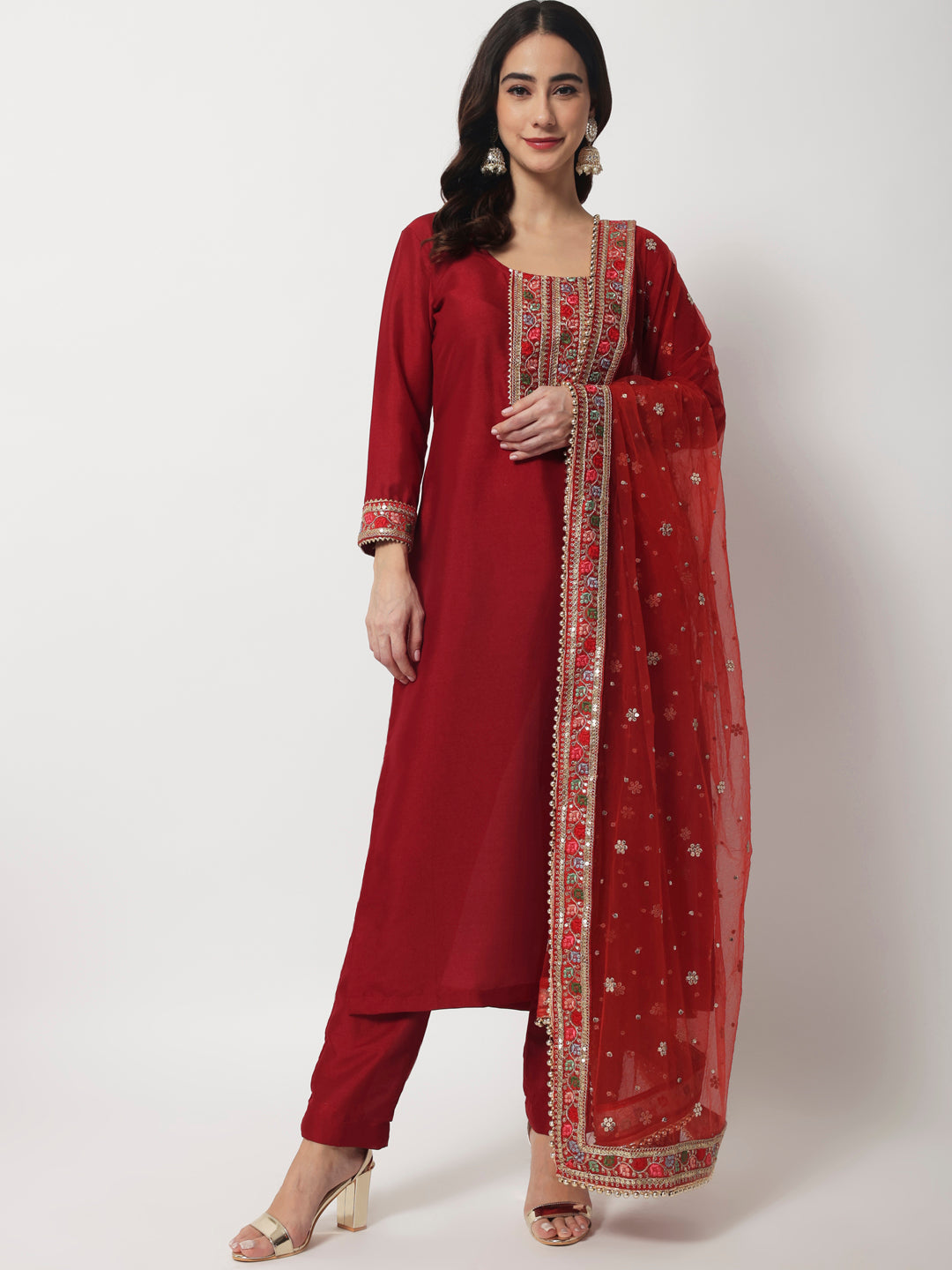 Bridal Queen Maroon Silk Kurti with Straight Pants and Bridal Dupatta ...