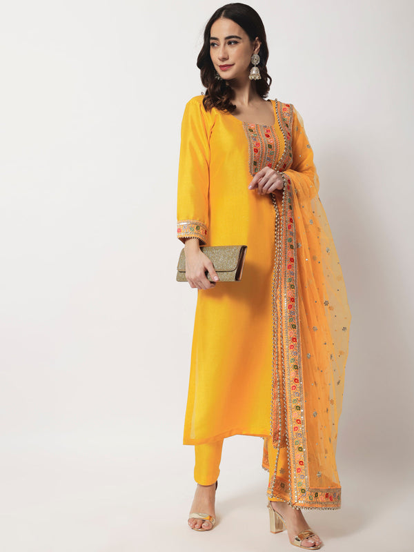 anokherang Combos Bridal Queen Mustard Silk Kurti with Straight Pants and Bridal Dupatta