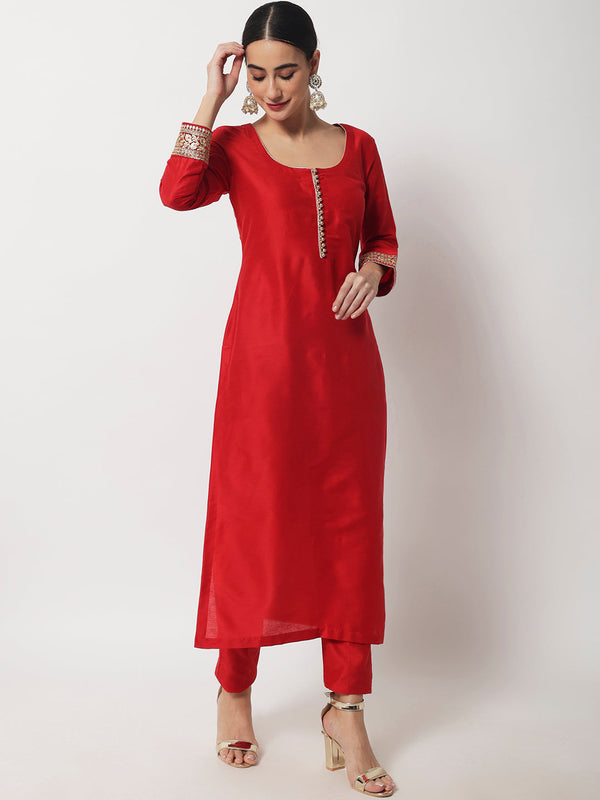 anokherang Combos Bridal Queen Red Silk Kurti with Straight Pants