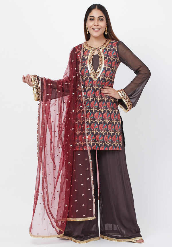 anokherang Combos Coffee Brown Printed Sequenced Short Kurti with Palazzo and Sequenced Dupatta