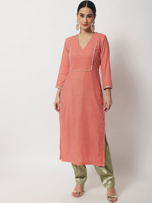 anokherang Combos Copy of Charming Pink Velvet Kurti with Green Satin Salwar