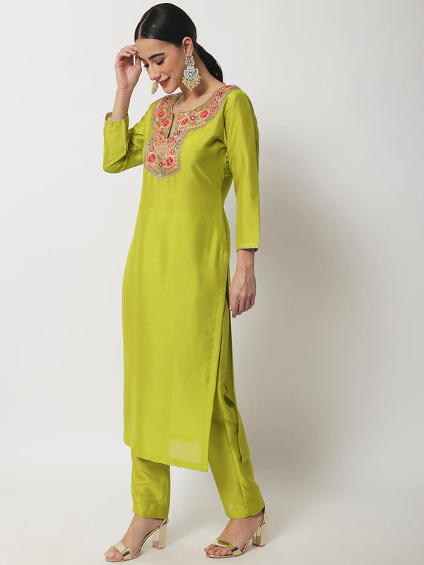 anokherang Combos Copy of Lime Green Floral Embroidered Kurti with Straight Pants