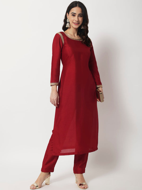 anokherang Combos Copy of Maroon Grace Silk Straight Kurti With Straight Pants