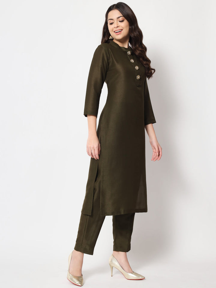 anokherang Combos Copy of Mehendi Green Kundan Silk Kurti with Straight Pants