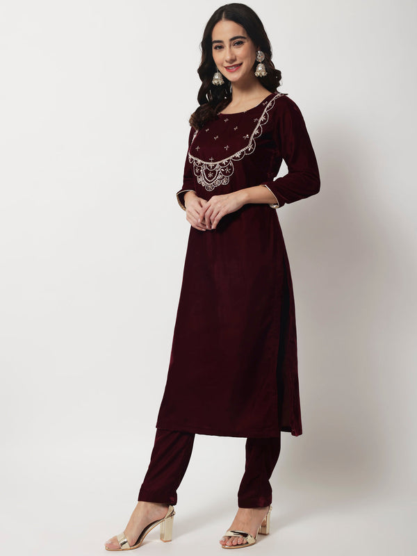 anokherang Combos Copy of Wine Embroidered Straight Velvet Kurti with Straight Pants