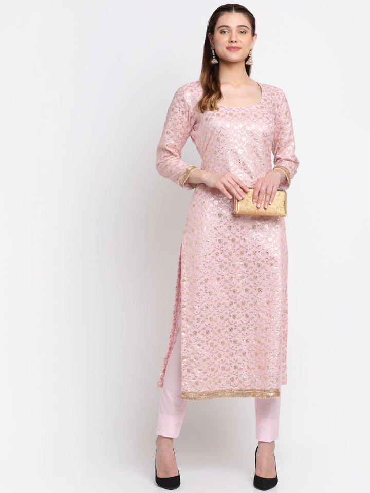 anokherang Combos Crystal Pink Chanderi Long Kurti With Straight Pants