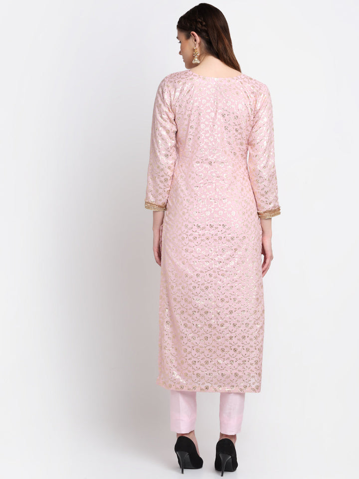 anokherang Combos Crystal Pink Chanderi Long Kurti With Straight Pants