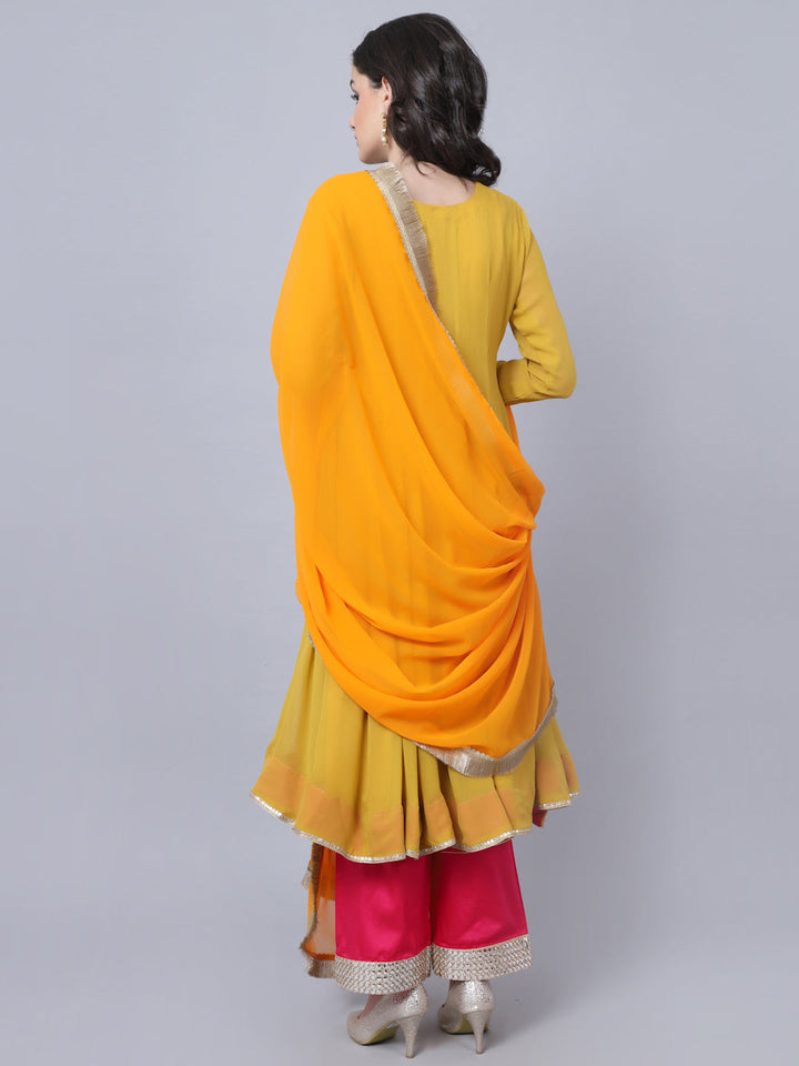 anokherang Combos Dusty Yellow Anarkali with Mirror Pants and Fringed Dupatta