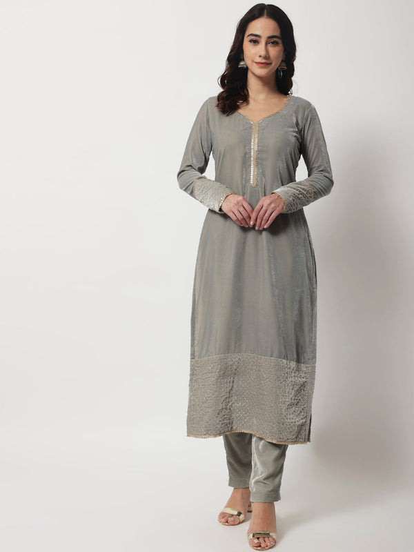 anokherang Combos Elegant Grey Velvet Straight Kurti