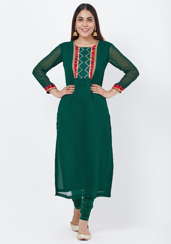 anokherang Combos Emerald Green Georgette Mirror Kurti with Churidaar