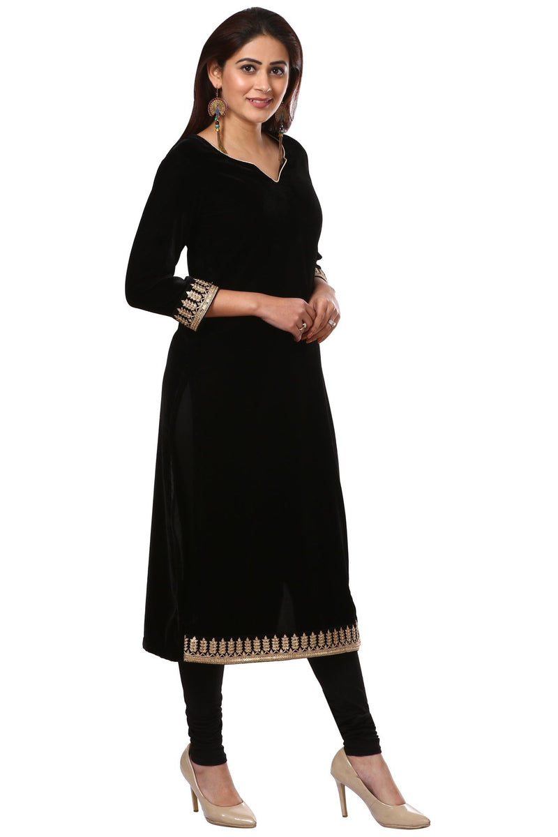 Festive Black Straight Velvet Kurti with Black Leggings – anokherang