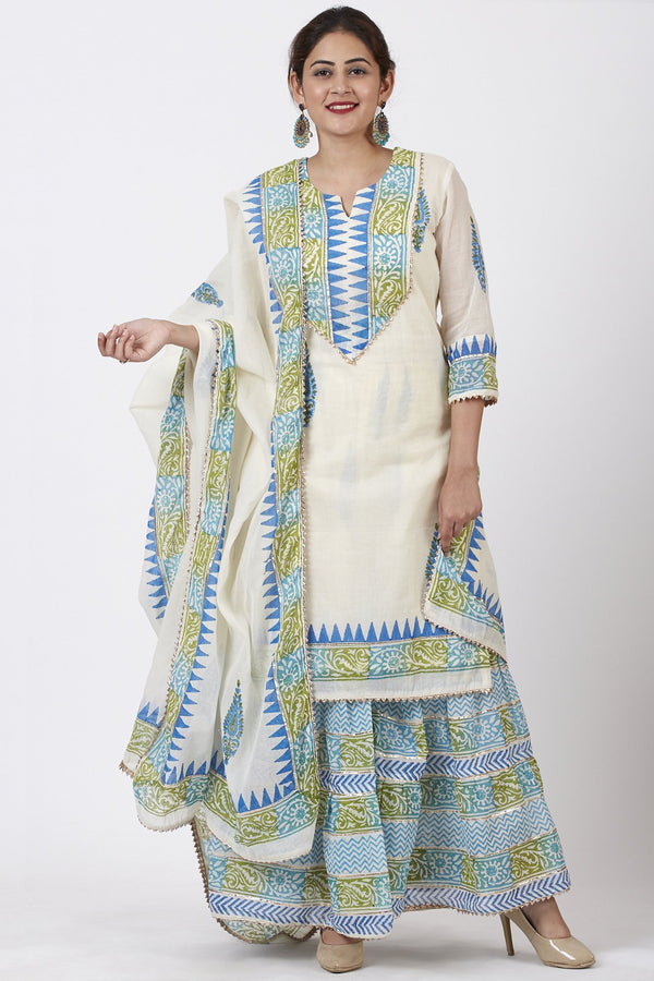 anokherang Combos Festive Green Blue Block Printed Kurti with Gathered Sharara and Block Printed Dupatta