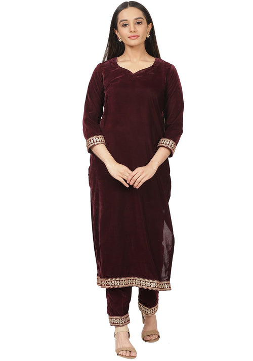 Festive Black Straight Velvet Kurti with Black Leggings